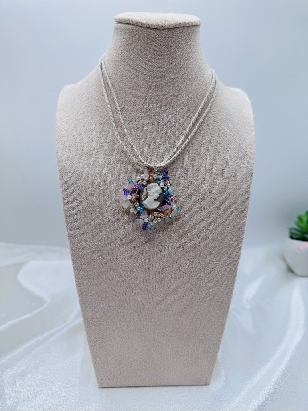 Vintage Style Cameo Pendant Statement Necklace BeigeCord Boho Victorian Inspired